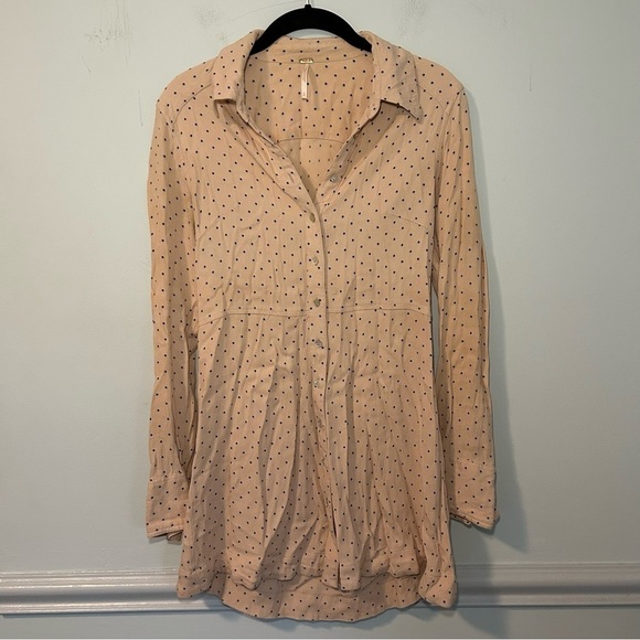 Free People This Town Polka Beige & Black Polka Dot Mini Shirt Dress Size Small - Picture 1 of 10